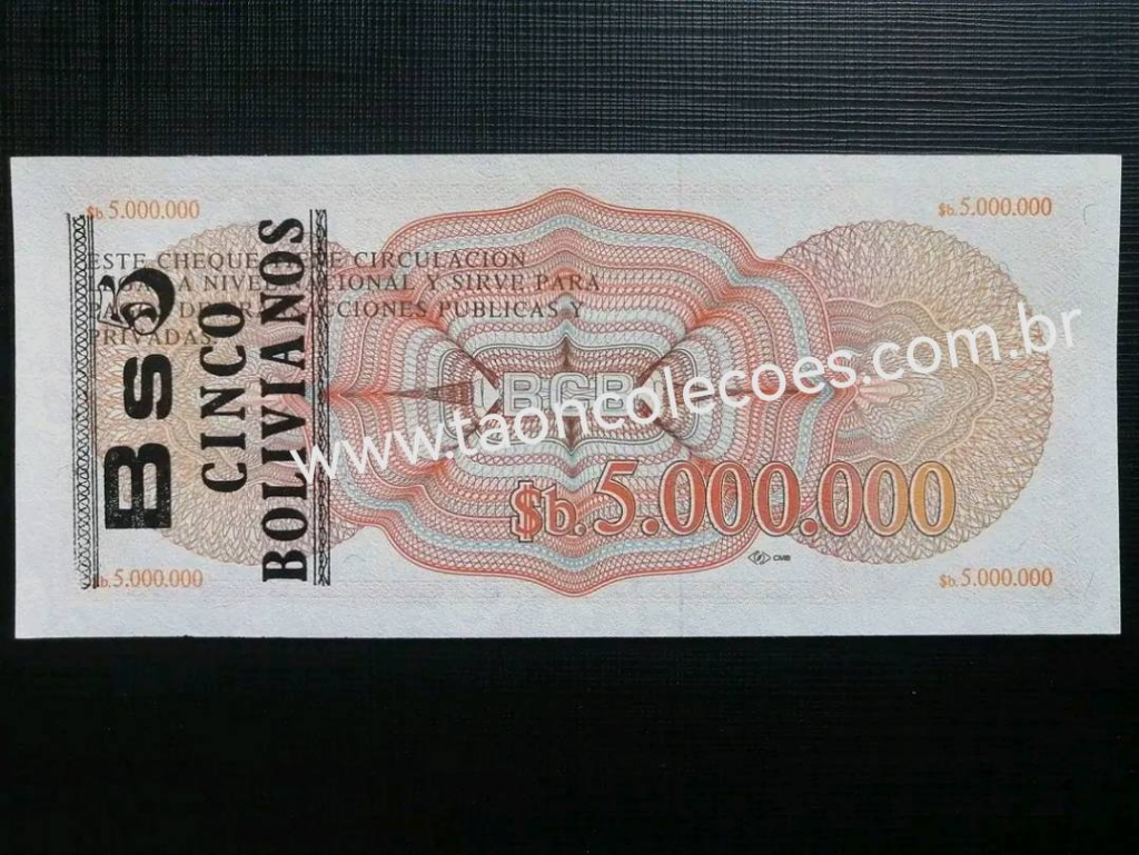 PICK-200 - BOLIVIA 5 BOLIVARES ON 5.000,000 PESOS BOLIVIANOS DE ND (1987) - FE / N 11900952 (RARIDADE) 