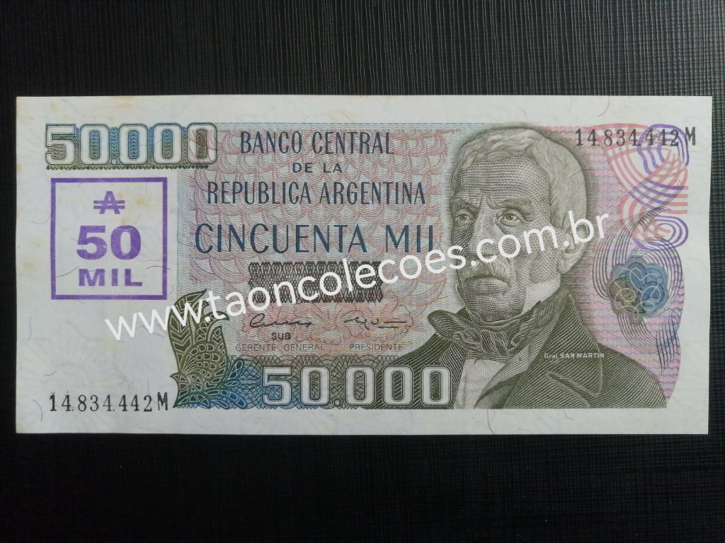 PICK-331 - ARGENTINA 50.000 AUSTRALES DE ND (1989) - FE / N� 14834442M (VERSO SELO VERDE-OLIVA) FE COM MANCHAS