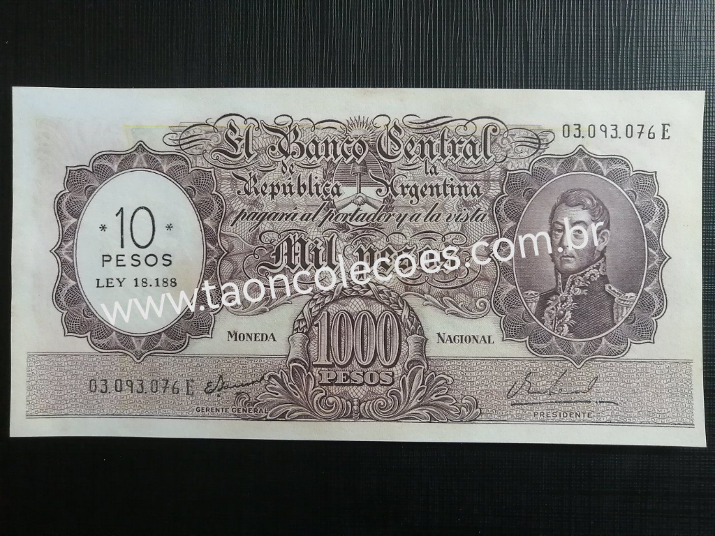 PICK-284 - ARGENTINA 10 PESOS ON 1.000 PESOS DE ND (1969-71) - FE / N� 03093076E