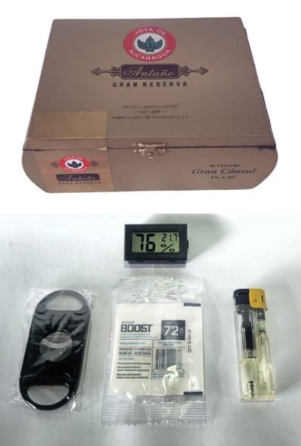 kit Umidor de Charuto JOYA DE NICARAGUA GRAN RESERVA + Higrmetro + Sach + isqueiro Maarico + Cortador / 19,5 x 13,5 x 7,5 cm