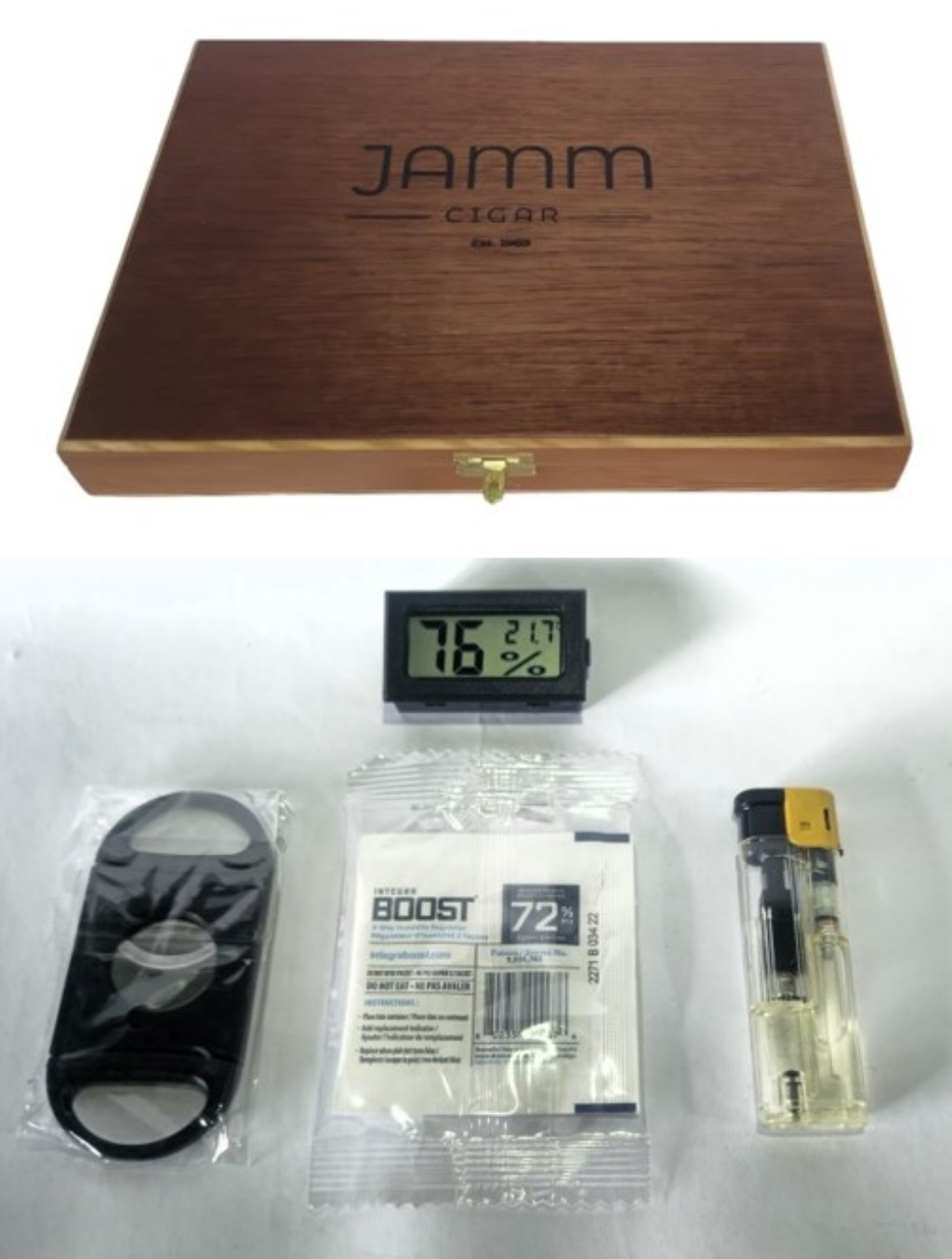 kit Umidor de Charuto JAMM CIGAR + Higrmetro + Sach + isqueiro Maarico + Cortador
