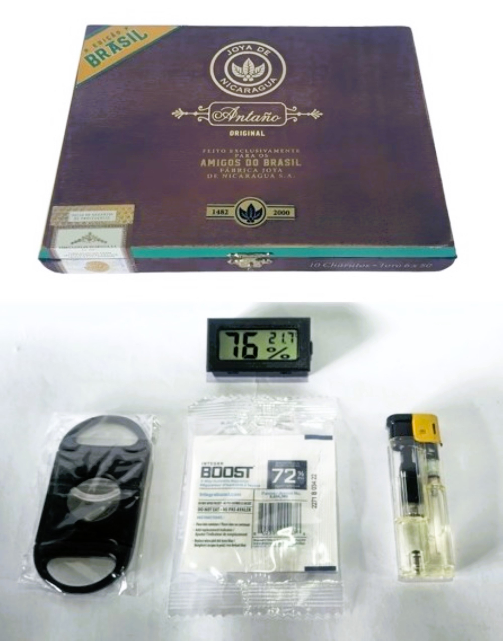 kit Umidor de Charuto JOYA DE NICARAGUA BRASIL EDIO EXCLUSIVA + Higrmetro + Sach + isqueiro Maarico + Cortador / 23 x 17 x 3 cm