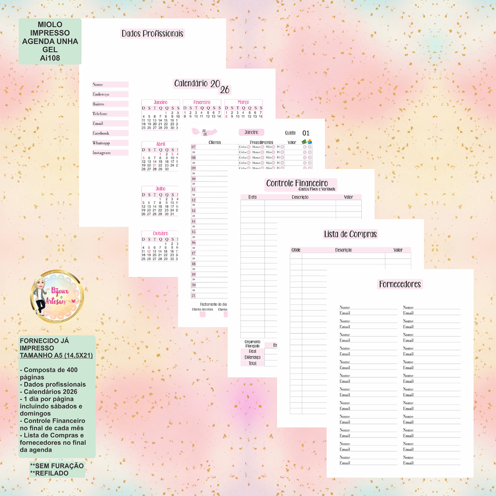 MIOLO IMPRESSO AGENDAMENTO UNHA EM GEL 2026 - AI108