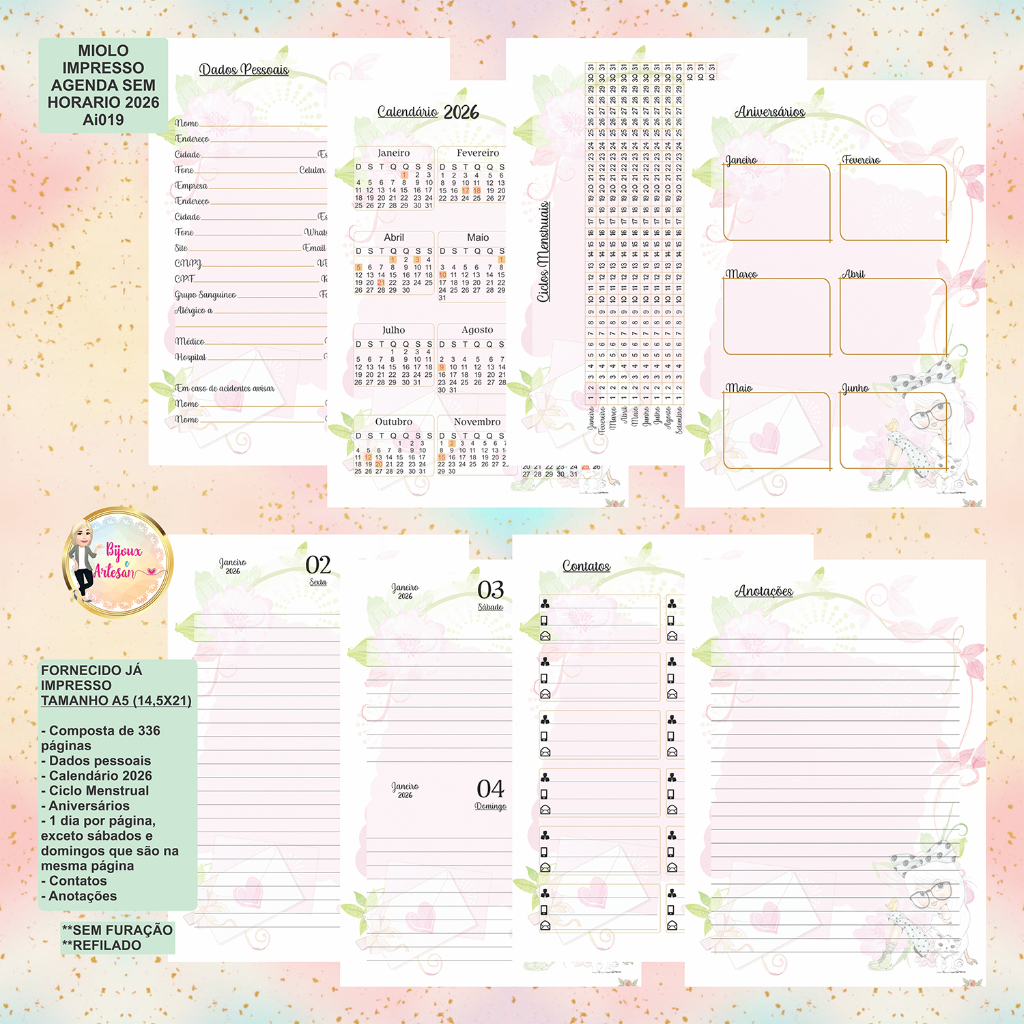 MIOLO IMPRESSO AGENDA SEM HORARIO MENINA - AI019