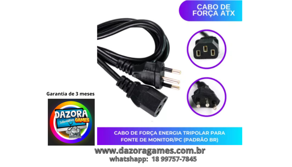  Cabo De For�a Energia 10A Tripolar 1,20m P/Computador | Fonte |