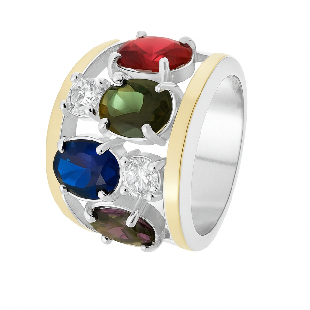 Anel de prata com zirconias e dois apliques de ouro - P029