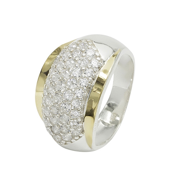 Anel de prata com 44 zirconias e dois apliques de ouro - P065