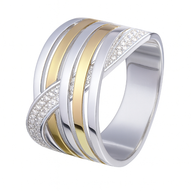 Anel de prata com zirconias e tres apliques em ouro- P102