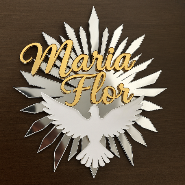 Kit Esplendor com pomba e nome 12x12cm acrlico prat dourado e branco 