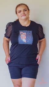 BLUSA T-SHIRT PRETA MANGA TULE ON�A