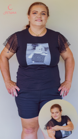 T-SHIRT PRETA COM MANGA DE TULE DUPLA LULU  54/56