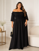 VESTIDO LONGO PRETO OMBRO A OMBRO COM LASTEX TAM 50/52