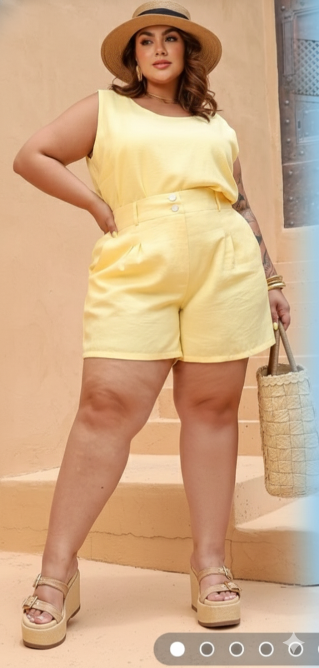  CONJUNTO DE BLUSA E SHORTS EM ALFAIATARIA AMARELO MANTEIGA 