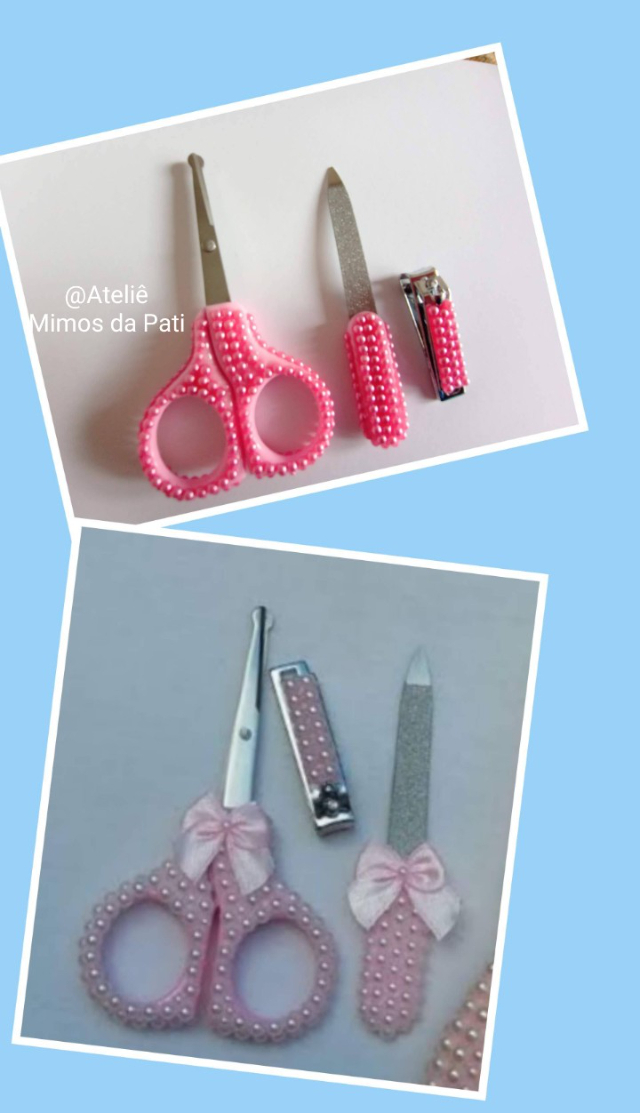  Kit Manicure Beb 3 ps - ( tesoura, lixa, cortador) Personalizados com perolas